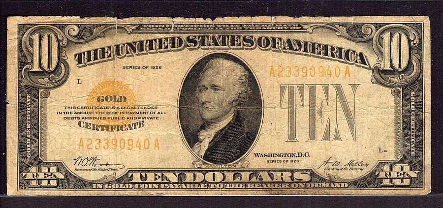 Fr.2400, 1928 $10 Gold Certificate, A23390940A, VG